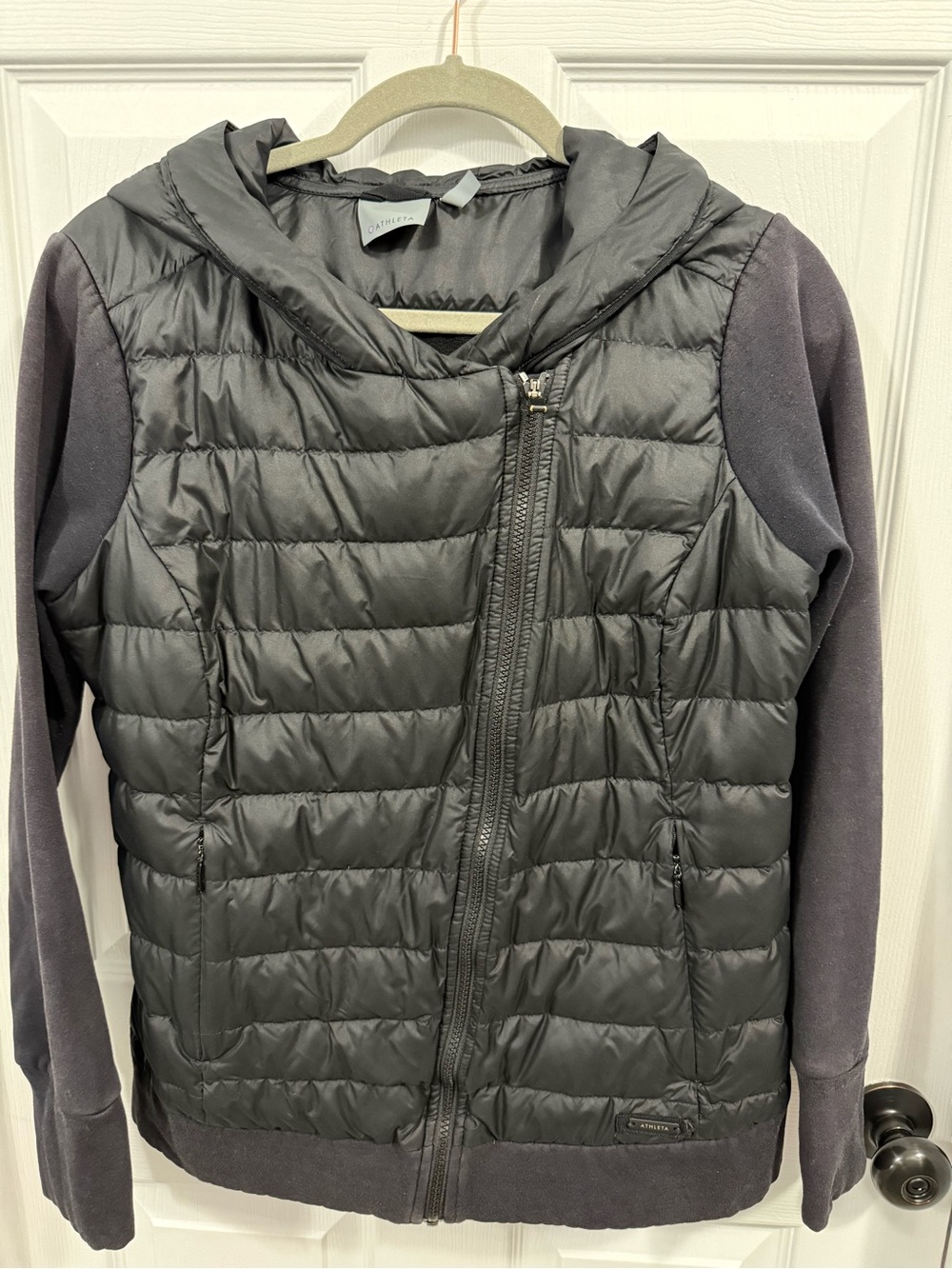 Athleta Girls' Charcoal Quilted Hooded Puffer with Knit Sleeves